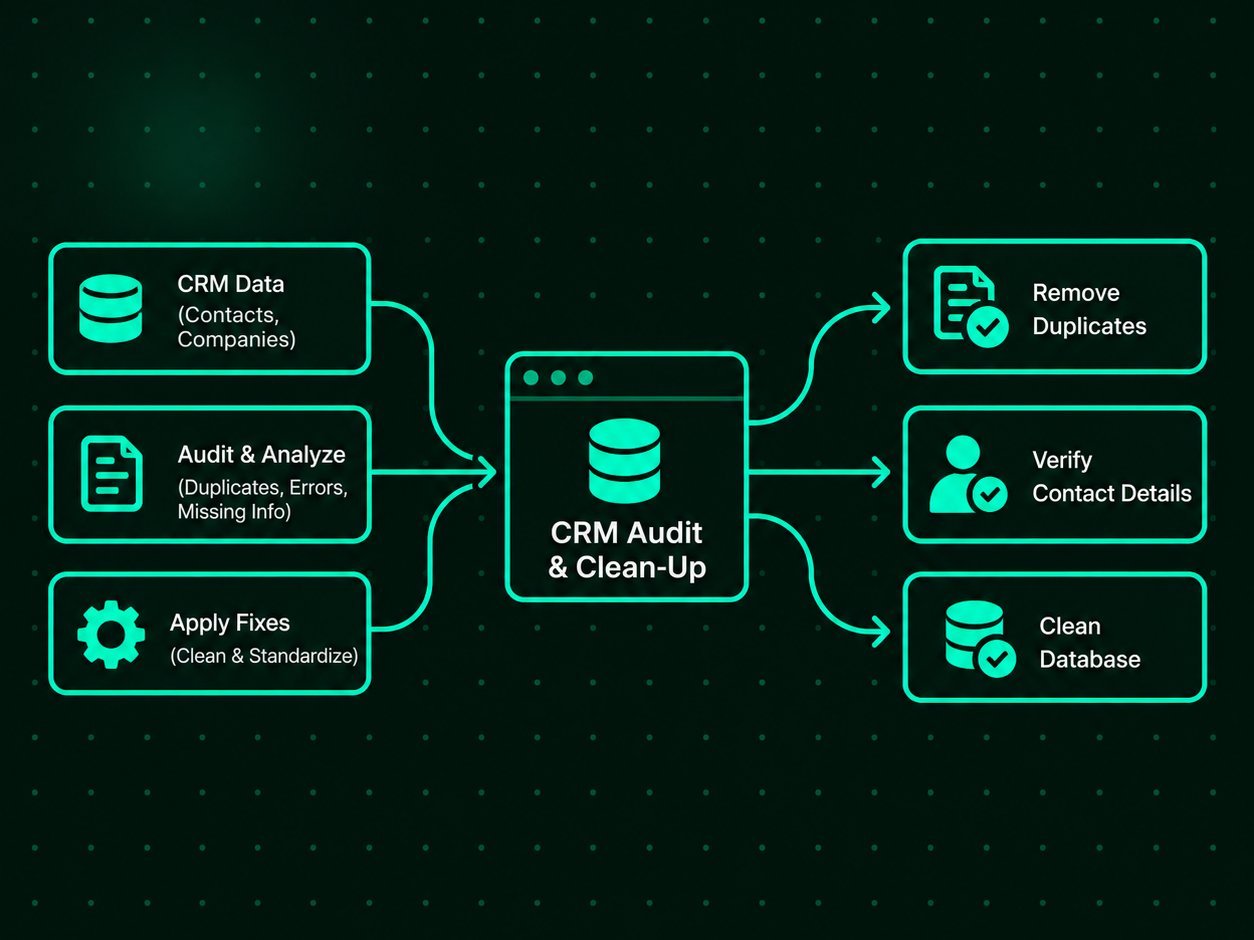 Diagram — CRM data audited and fixed — duplicates removed, contacts verified, clean database