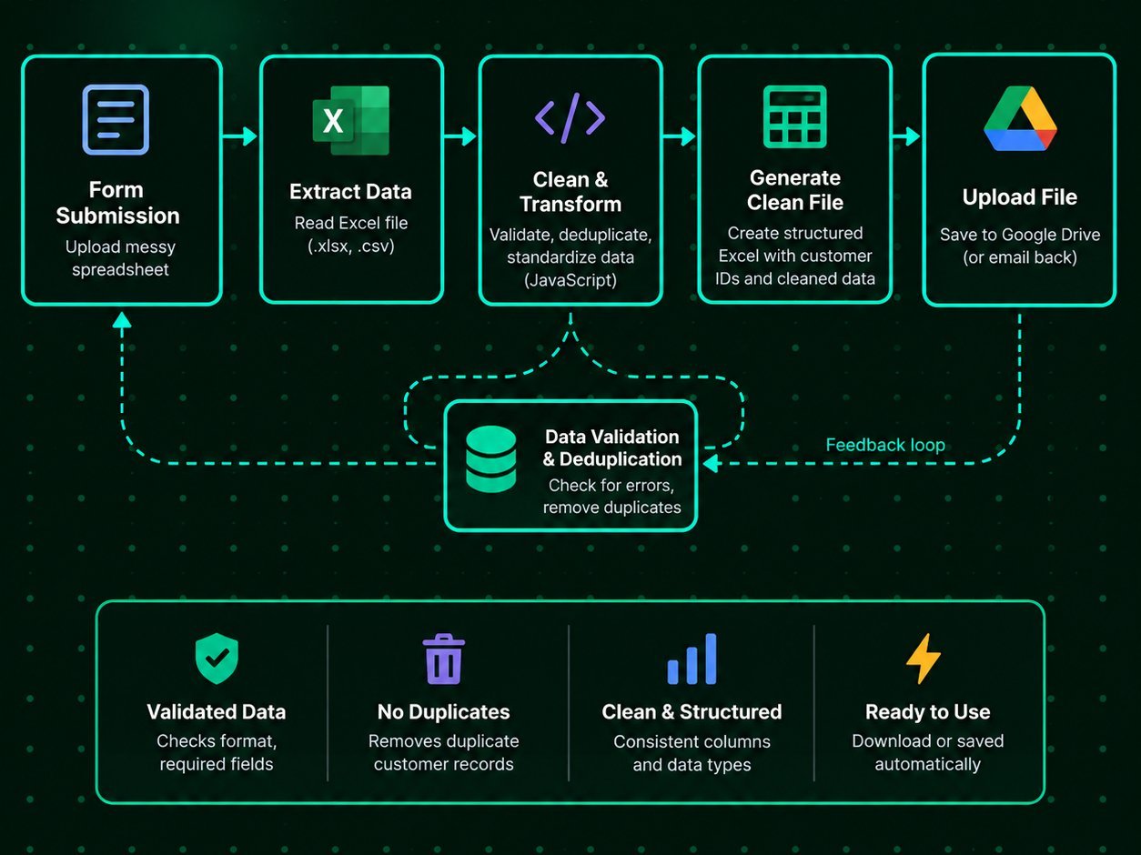 n8n workflow — form upload, extract from file, JavaScript cleaning code, convert to xlsx, upload to Google Drive
