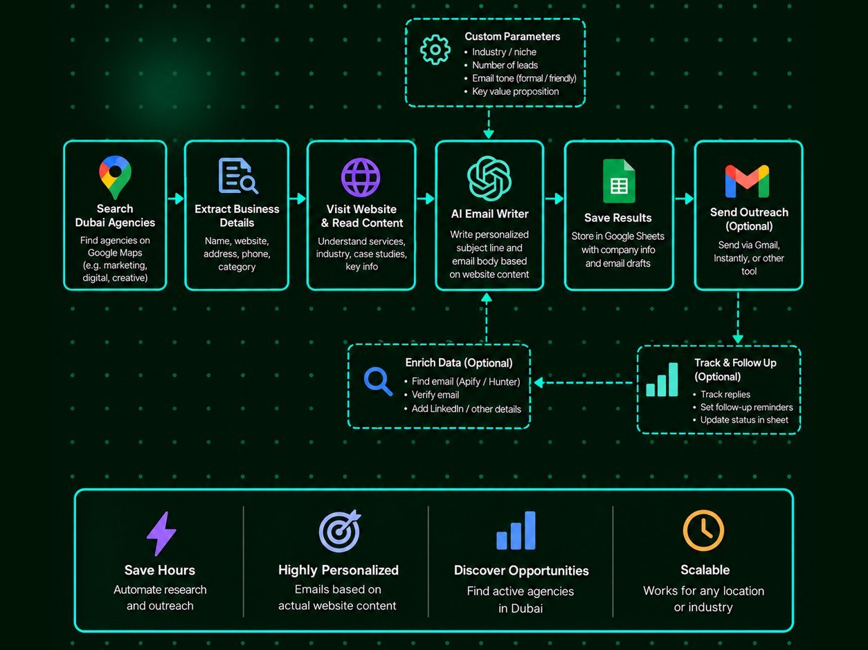 n8n workflow — Apify dataset, code filter, HTTP request to company site, HTML extract, LLM chain, then Google Sheets and Gmail draft