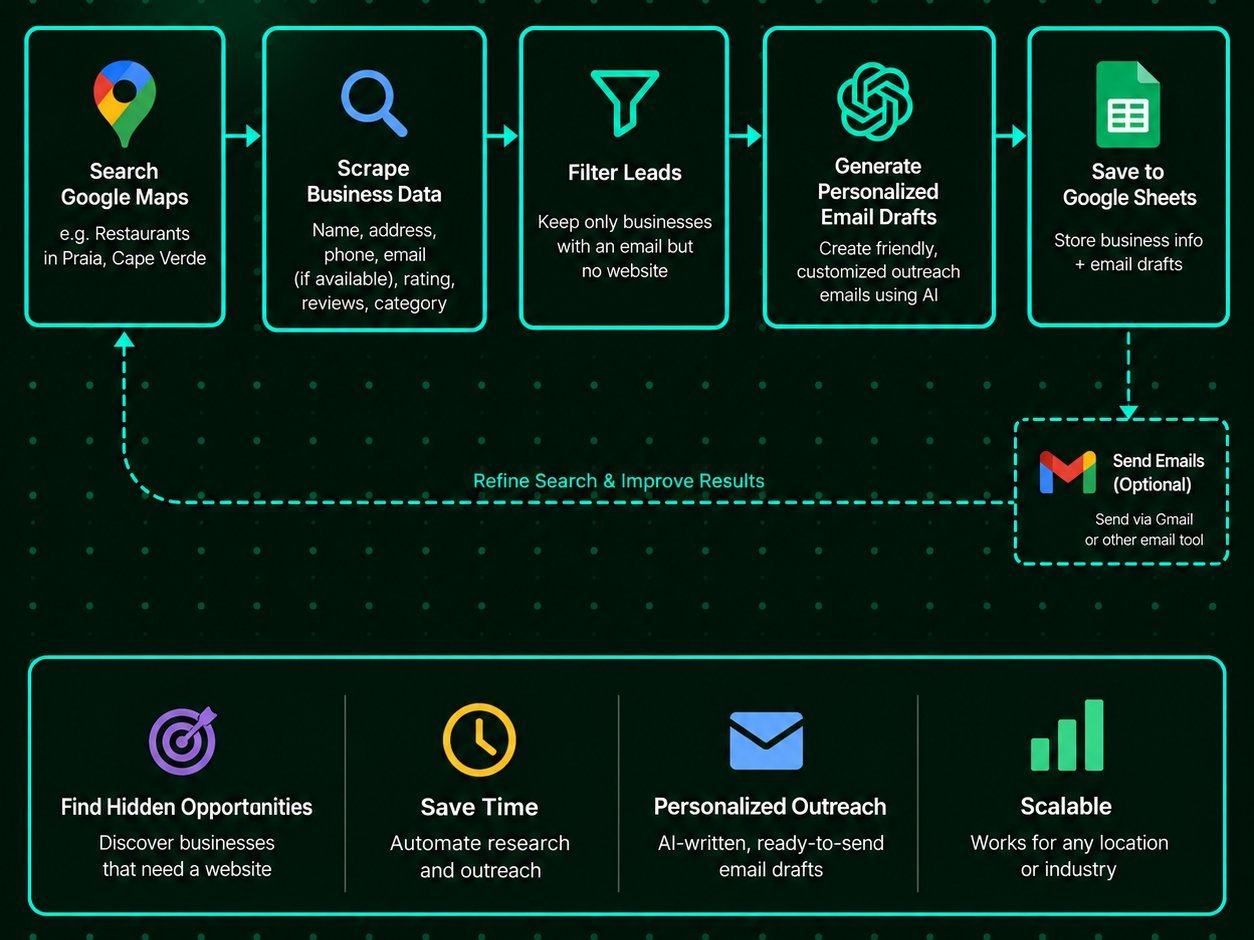 n8n workflow — Apify Google Maps actor, Clean & Filter Leads code node, OpenAI message, format output, append to Google Sheets