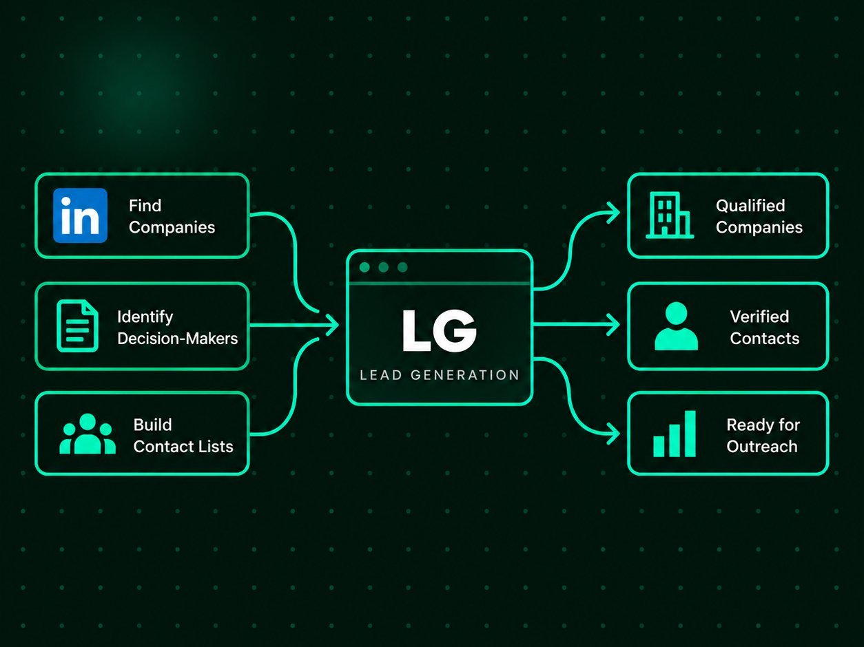 Diagram — hiring signals and decision-maker research flowing into verified contact lists