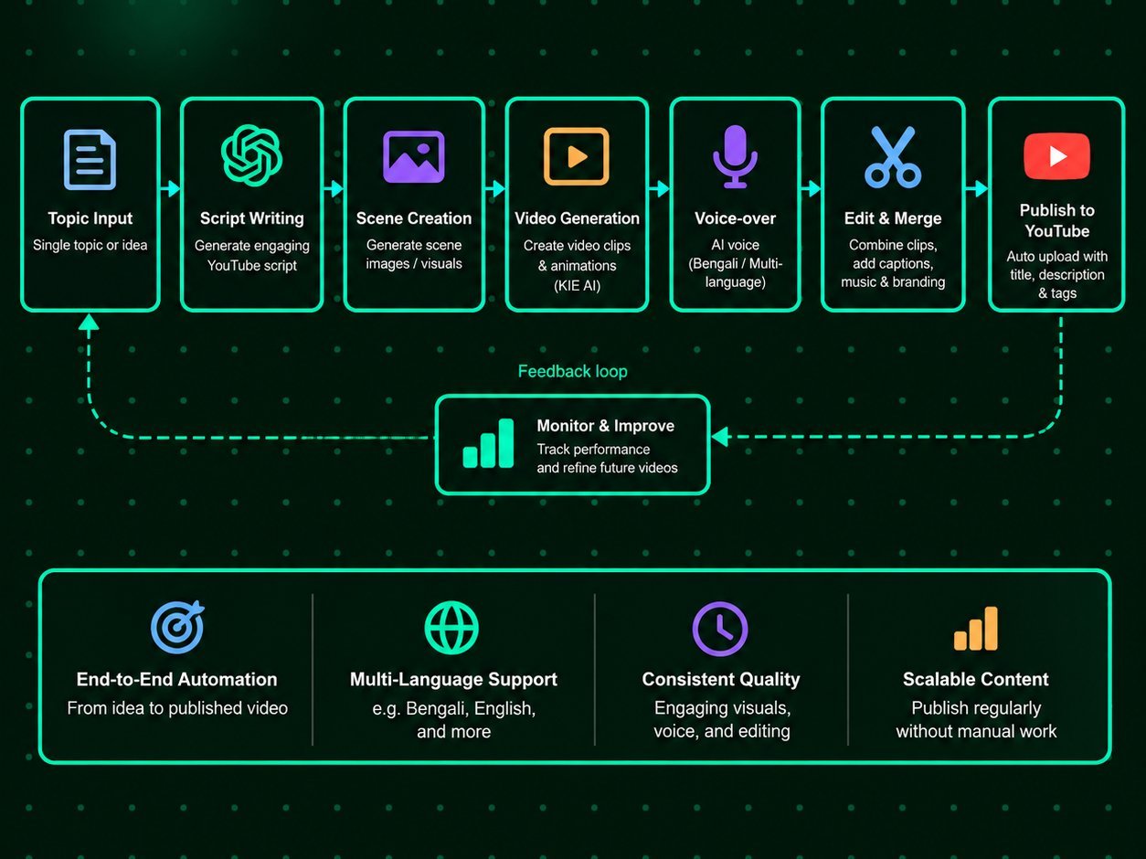 A 22-node n8n workflow with a scene loop, video generation, status polling, voice generation and YouTube upload